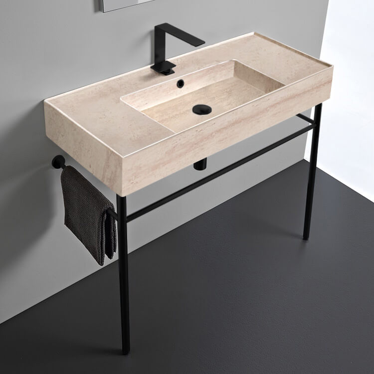 Scarabeo 5124-E-CON-BLK-One Hole Beige Travertine Design Ceramic Console Sink and Matte Black Stand